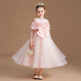 Charming Pink Off - Shoulder Flower Girl Dress with Big Bow and Tulle Skirt for Weddings/Parties
