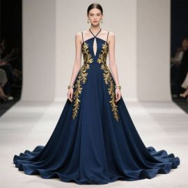 Elegant Navy Blue Gown with Gold Embroidery, Spaghetti Straps & Train - Formal Evening Dress