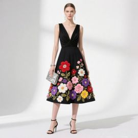 Black Sleeveless V-Neck Midi Dress with Colorful Floral Embroidery