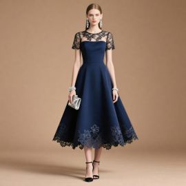 Elegant Navy Blue Lace Midi Dress - Short Sleeves & Floral Hem Design