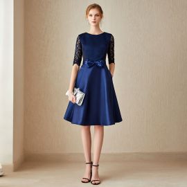 Elegant Navy Blue Midi Dress: Lace Sleeves, Bow Belt, Satin Skirt for Women