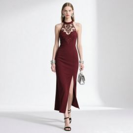 Elegant Burgundy Lace Halter Neck Gown with High Slit Evening Dress