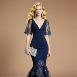 Elegant Navy Blue Mermaid Evening Gown with Lace Sleeves & Floral Hem
