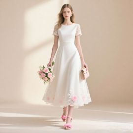 Elegant White Midi Dress: Lace Sleeves & Floral Embroidery for Bridesmaids/Weddings