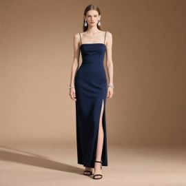 Elegant Navy Blue Spaghetti Strap Maxi Dress with High Slit for Evening Events