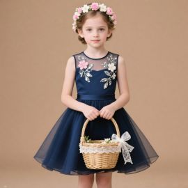 Navy Blue Sleeveless Flower Girl Dress with Floral Sequin Appliques - Kids Formal Occasion Gown