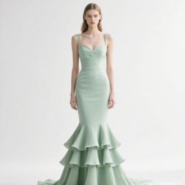 Mint Green Mermaid Gown: Ruffled Hem, Spaghetti Straps - Elegant Evening Dress
