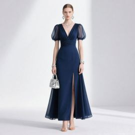Elegant Navy Blue Maxi Dress: V-Neck, Puff Sleeves, High Slit Design