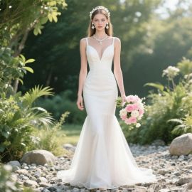 Elegant White Mermaid Wedding Dress: Chic Spaghetti Strap V - Neck Bridal Gown