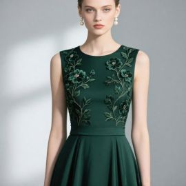 Emerald Green Sleeveless Dress: Elegant Floral Embroidery Evening Gown
