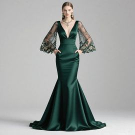 Emerald Green Mermaid Evening Gown with Embroidered Lace Sleeves - Elegant Formal Dress