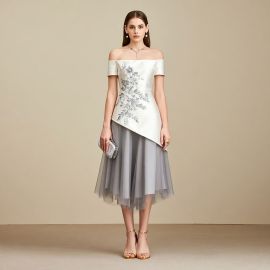Elegant Off - Shoulder Embroidered Asymmetric Tulle Midi Dress