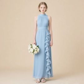 Light Blue Sleeveless High Neck Ruffle Long Dress for Bridesmaids/Formal Events