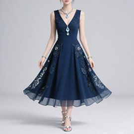Elegant Navy Blue Sleeveless V-Neck Lace Embellished Midi Dress