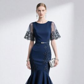 Navy Blue Mermaid Evening Dress with Lace Sleeves & Floral Embroidery - Elegant Formal Gown