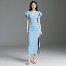 Elegant Light Blue V-Neck Ruffled Sleeve Slit Midi Dress for Women