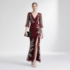 Burgundy Evening Gown with Silver Leaf Embroidery, Sheer Sleeves & High Slit - Elegant Formal Dress