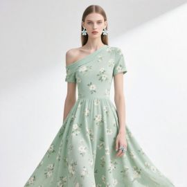 Light Green One - Shoulder Floral Print Midi Dress | Elegant Summer Style
