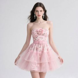 Strapless Pink Floral Print Dress with Tiered Tulle Skirt & Belt Detail