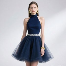 Navy Blue High Neck Sleeveless Short Tulle Dress with Rhinestone Belt - Elegant Party Gown