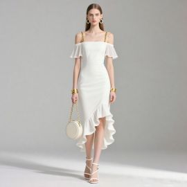 Elegant White Off - Shoulder Dress with Ruffled Hem & Gold Chain Straps