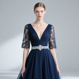 Elegant Navy Blue Evening Gown with Lace Sleeves & Beaded Waistband