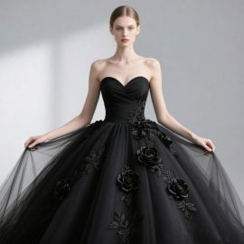 Elegant Black Strapless Ball Gown with 3D Floral Embroidery & Tulle Skirt
