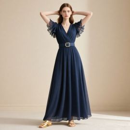 Elegant Navy Blue V-Neck Ruffled Sleeve Maxi Dress with Waist Belt