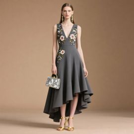 Elegant Sleeveless Asymmetric High - Low Hem Midi Dress with Floral Embroidery