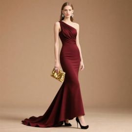 Burgundy One-Shoulder Mermaid Evening Dress with Train - Elegant Formal Gown