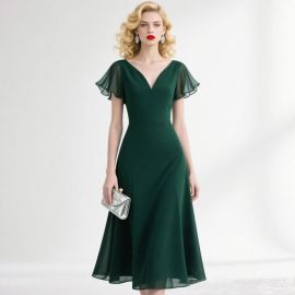 Elegant Emerald Green Chiffon V-Neck Flutter Sleeve Midi Dress for Evening Party
