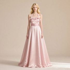 Elegant Pink Satin Halter Gown: Ruffled Neckline & Belted Waist Long Dress
