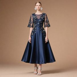 Elegant Navy Blue Midi Dress with Lace & Beading for Formal Events