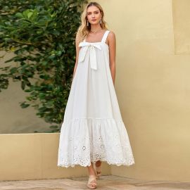 White Sleeveless Maxi Dress with Bow & Lace Hem - Summer Boho Style