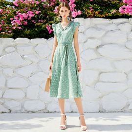 Green Polka Dot V-Neck Ruffled Sleeve Belted Midi Dress - Summer Chic Style