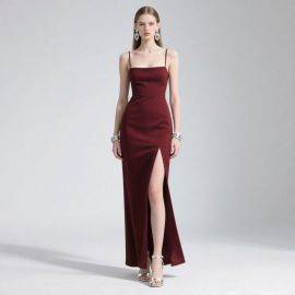 Elegant Burgundy Spaghetti Strap Slit Maxi Dress - Chic Evening Gown