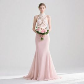 Elegant Pink Mermaid Gown with Lace Halter Neck - Wedding Dress