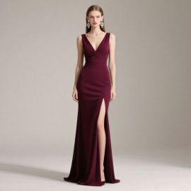 Elegant Burgundy V-Neck High Slit Evening Gown - Chic Formal Dress