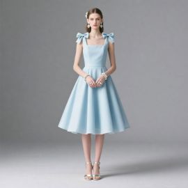 Light Blue Bow-Embellished Sleeveless Midi Dress - Elegant A-Line Skirt for Weddings & Parties