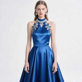 Royal Blue Satin Evening Gown with Leaf Embroidery & High Neck - Elegant Formal Dress