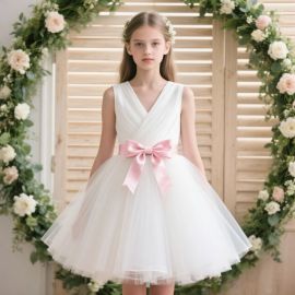 Charming White Tulle Flower Girl Dress with Pink Satin Bow for Weddings & Parties