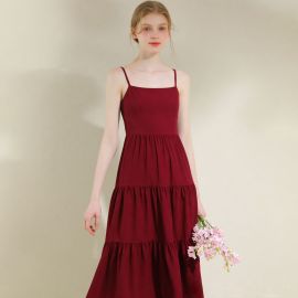 Burgundy Spaghetti Strap Tiered Midi Dress - Elegant Summer Style