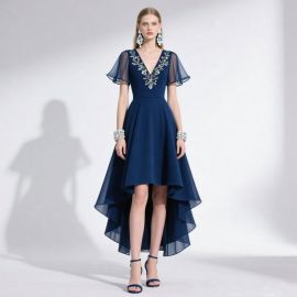 Navy Blue High-Low Hem Embroidered V-Neck Chiffon Sleeve Evening Gown - Elegant Formal Party Dress