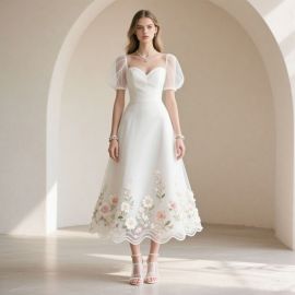 Elegant White Midi Dress with Puffed Sleeves & Floral Embroidery - Vintage Bridal/Event Gown