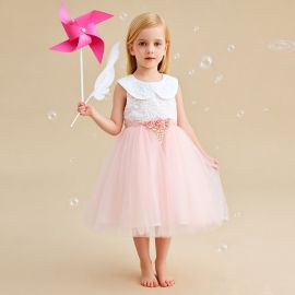 Kids Pink Tulle Dress Lace Collar Flower Belt Summer Party Princess Gown