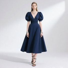 Elegant Navy Blue Midi Dress with Puff Sleeves & Cinched Waist