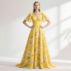 Elegant Yellow Floral Print V-Neck Flutter Sleeve Maxi Dress - Summer Evening Gown