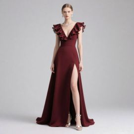 Elegant Burgundy Ruffled V-Neck High Slit Long Evening Dress
