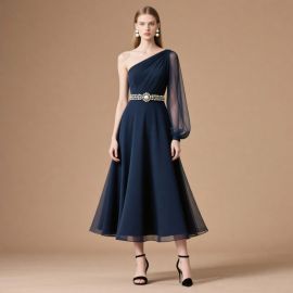 Elegant Navy Blue One - Shoulder Midi Dress with Beaded Waistband