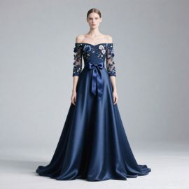 Navy Blue Off-Shoulder Gown with Floral Embroidery & Satin Bow - Elegant Evening Dress